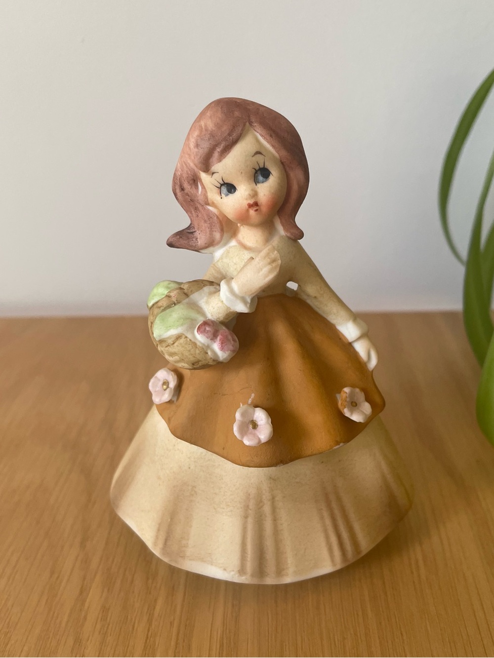 Vintage Midcentury Porcelain Brunette Girl with Floral Basket Figurine Japan
